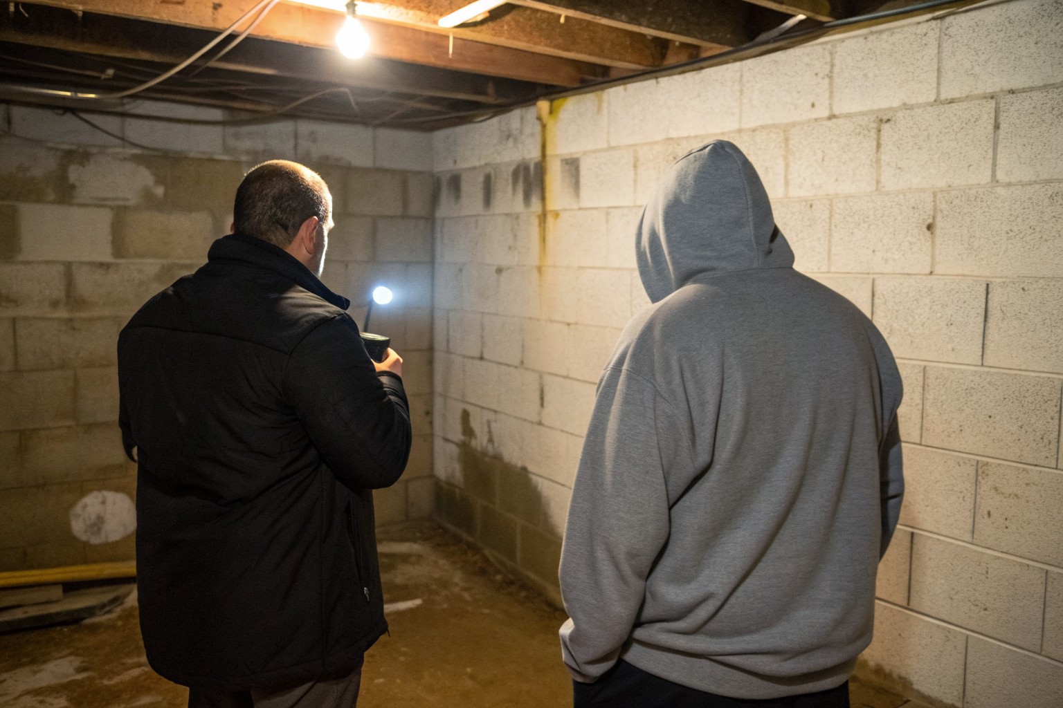 Two people seen from behind looking at a water-stained block basement wall by flashlight