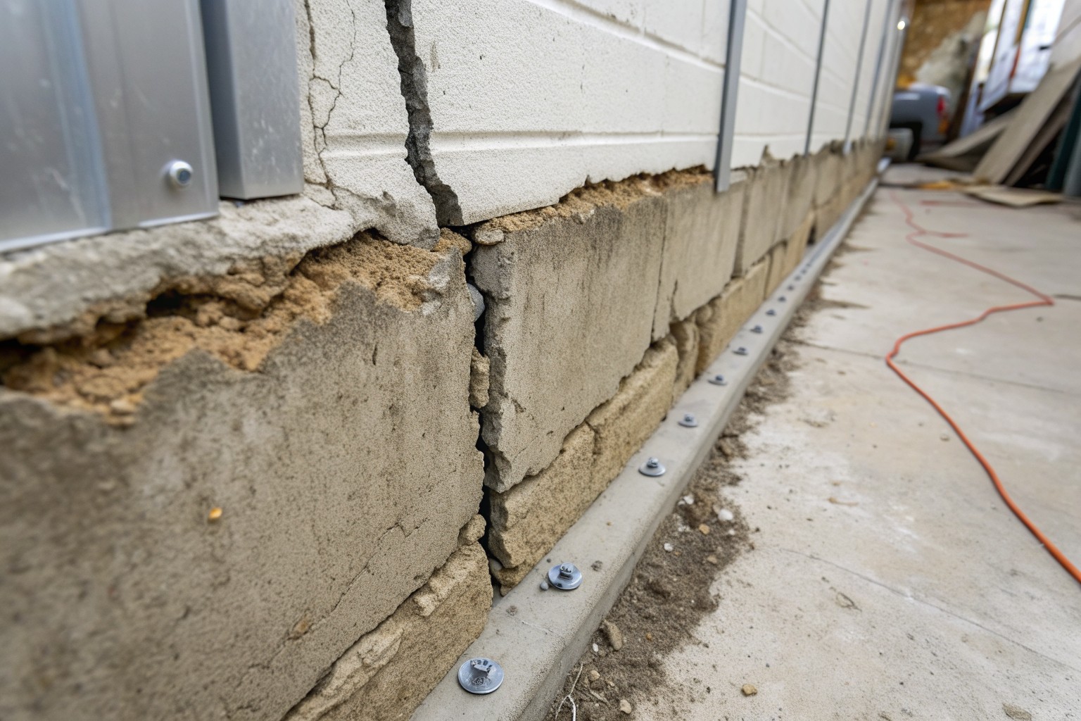 A crack in a block basement wall at the floor line with a row of small ports along it