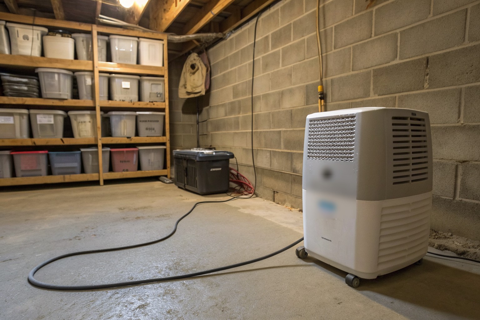 A white dehumidifier on the floor of an unfinished basement with shelves of storage bins