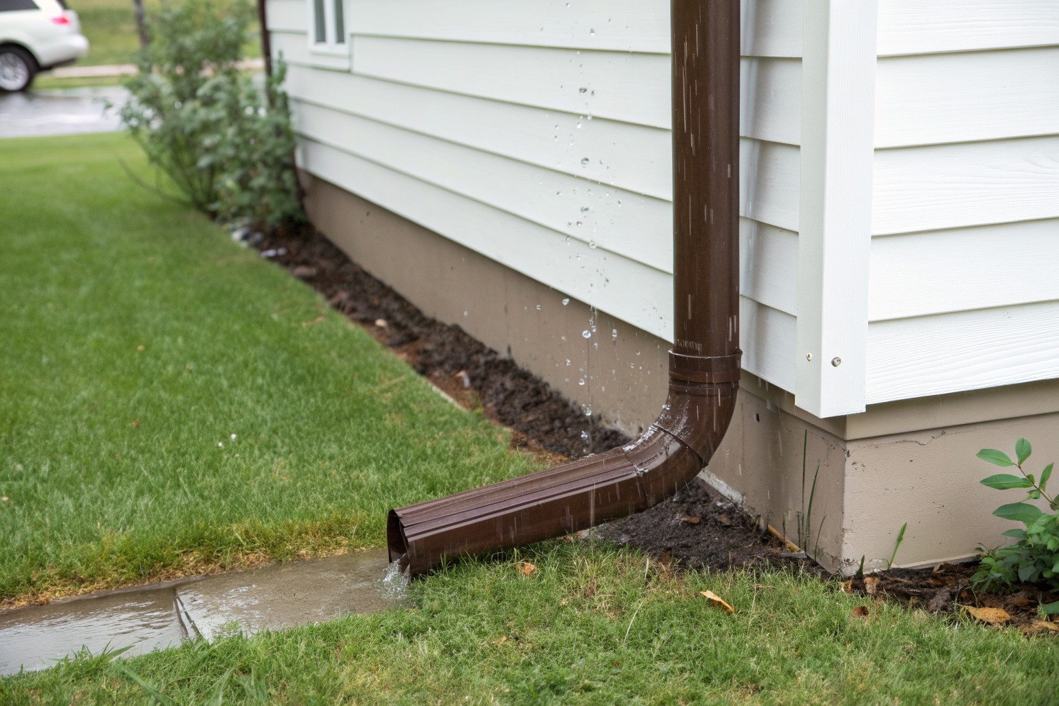 A brown downspout on white siding draining onto the lawn after rain