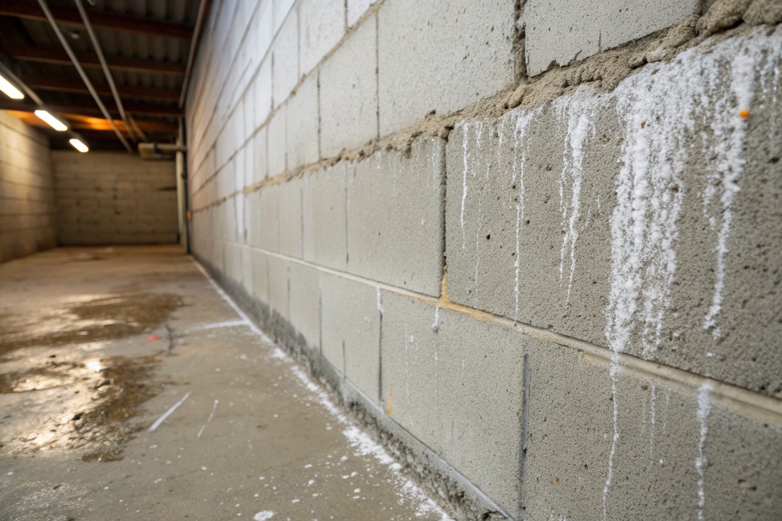 White mineral streaks running down the lower courses of a long concrete block basement wall
