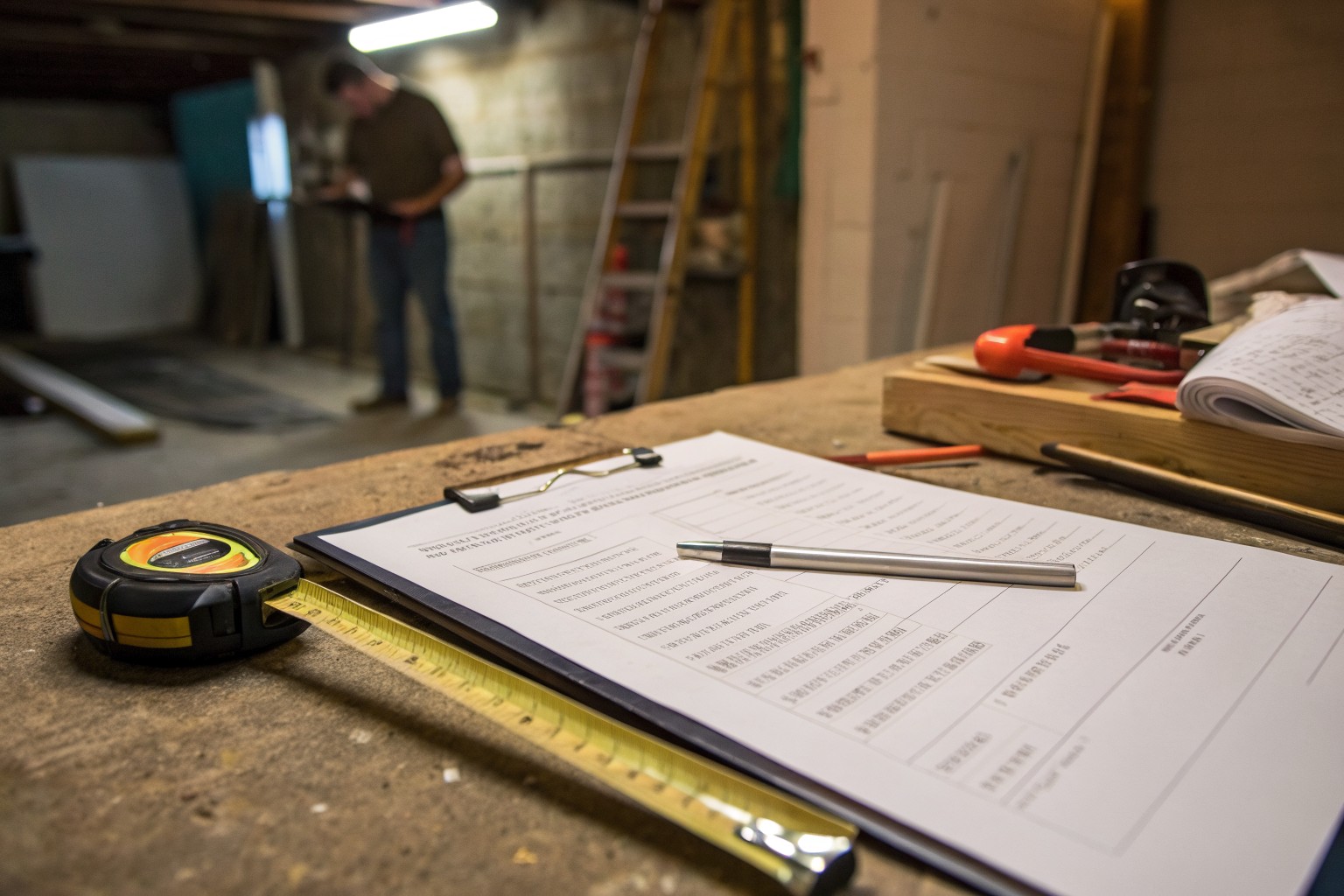 A clipboard with a blank form, a pen and a tape measure on a basement workbench