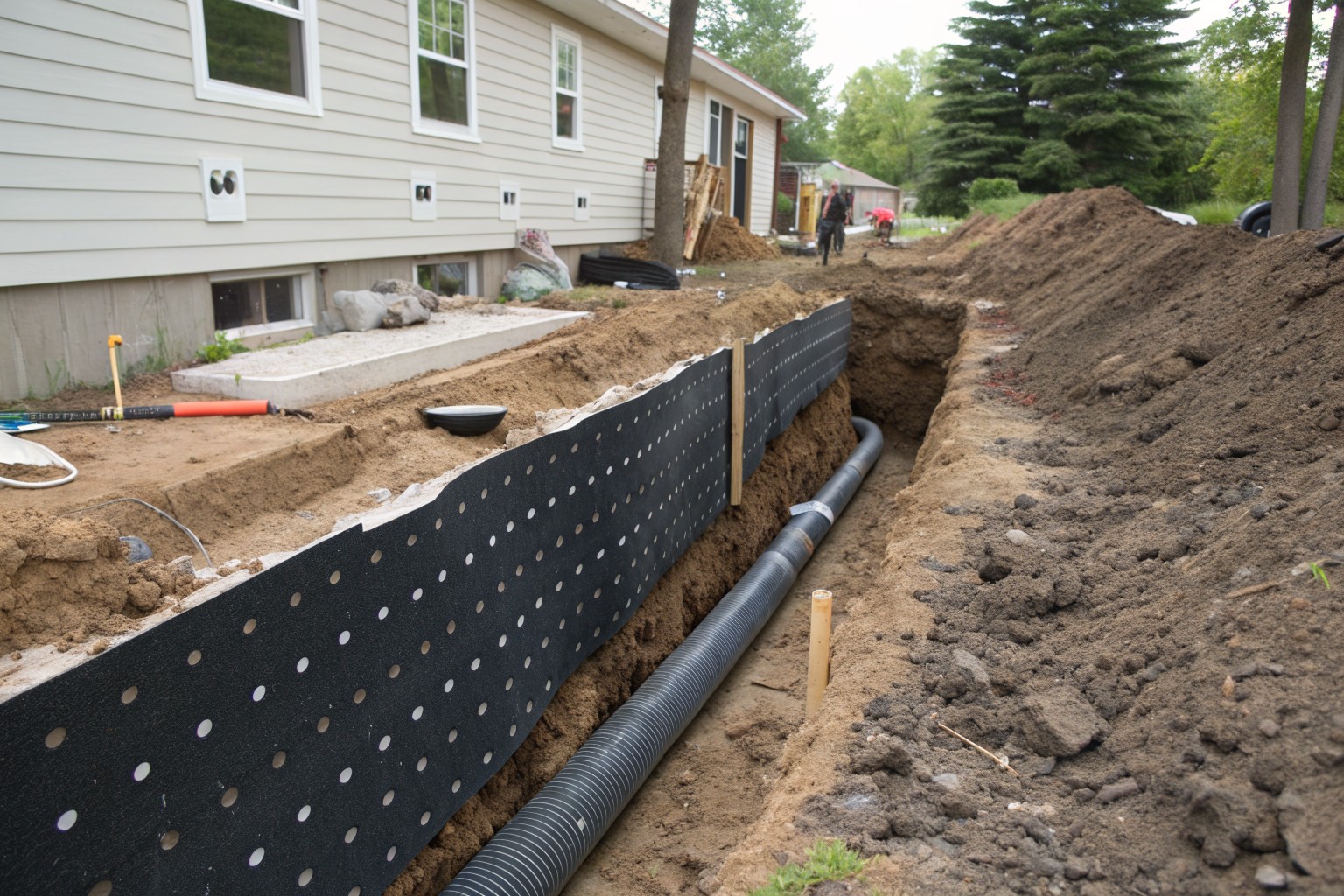 An excavated trench beside a house foundation lined with black dimpled drainage board and a drain pipe