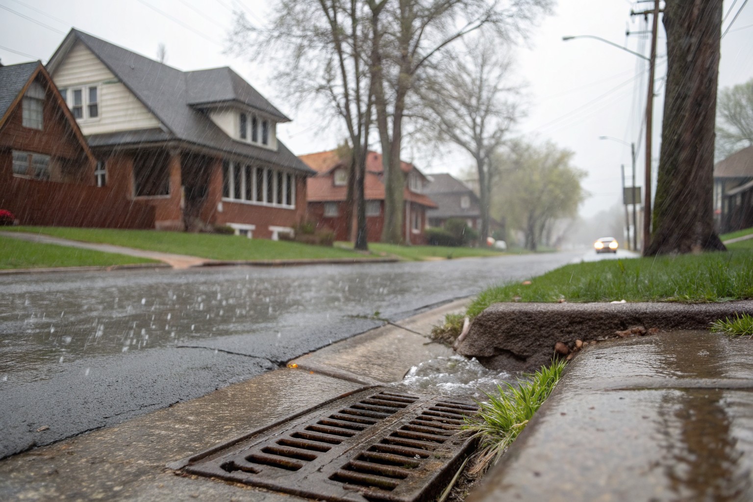 Rainwater running along the curb to a storm drain on a street of older brick and frame houses