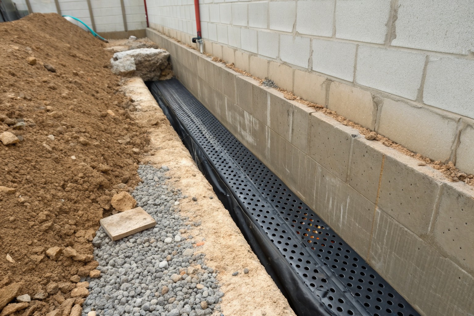 A gravel-filled trench along a block basement wall with a black perforated drain pipe and dimpled membrane