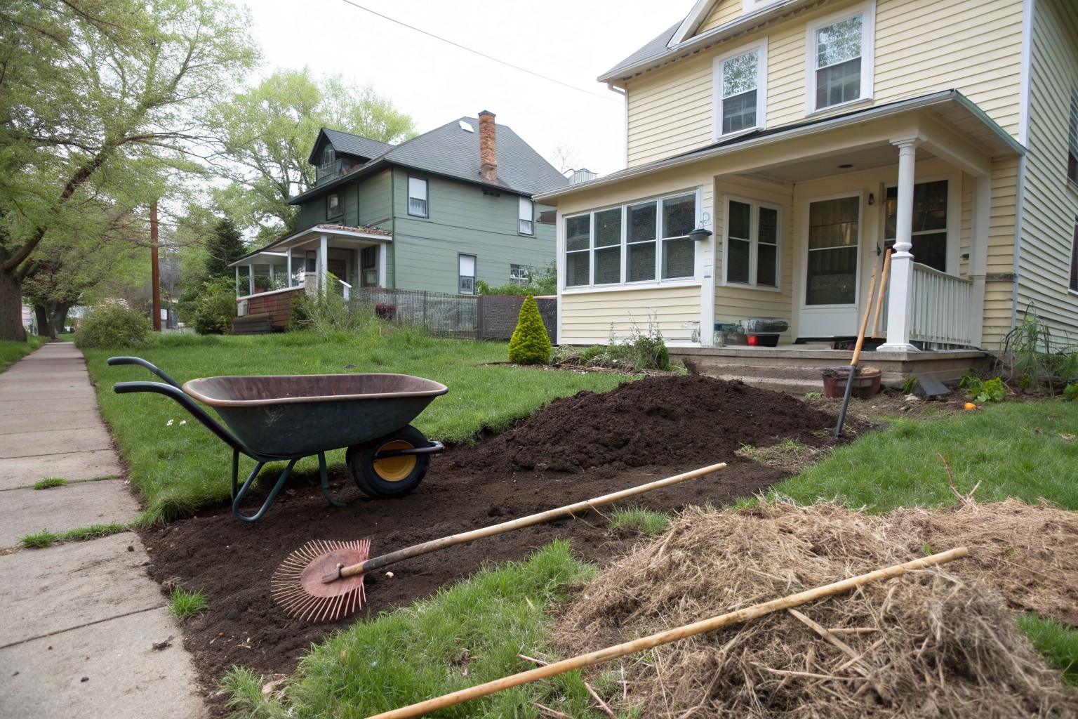 Fresh dark topsoil and straw beside a two-story house, with a wheelbarrow and rake on the new grade