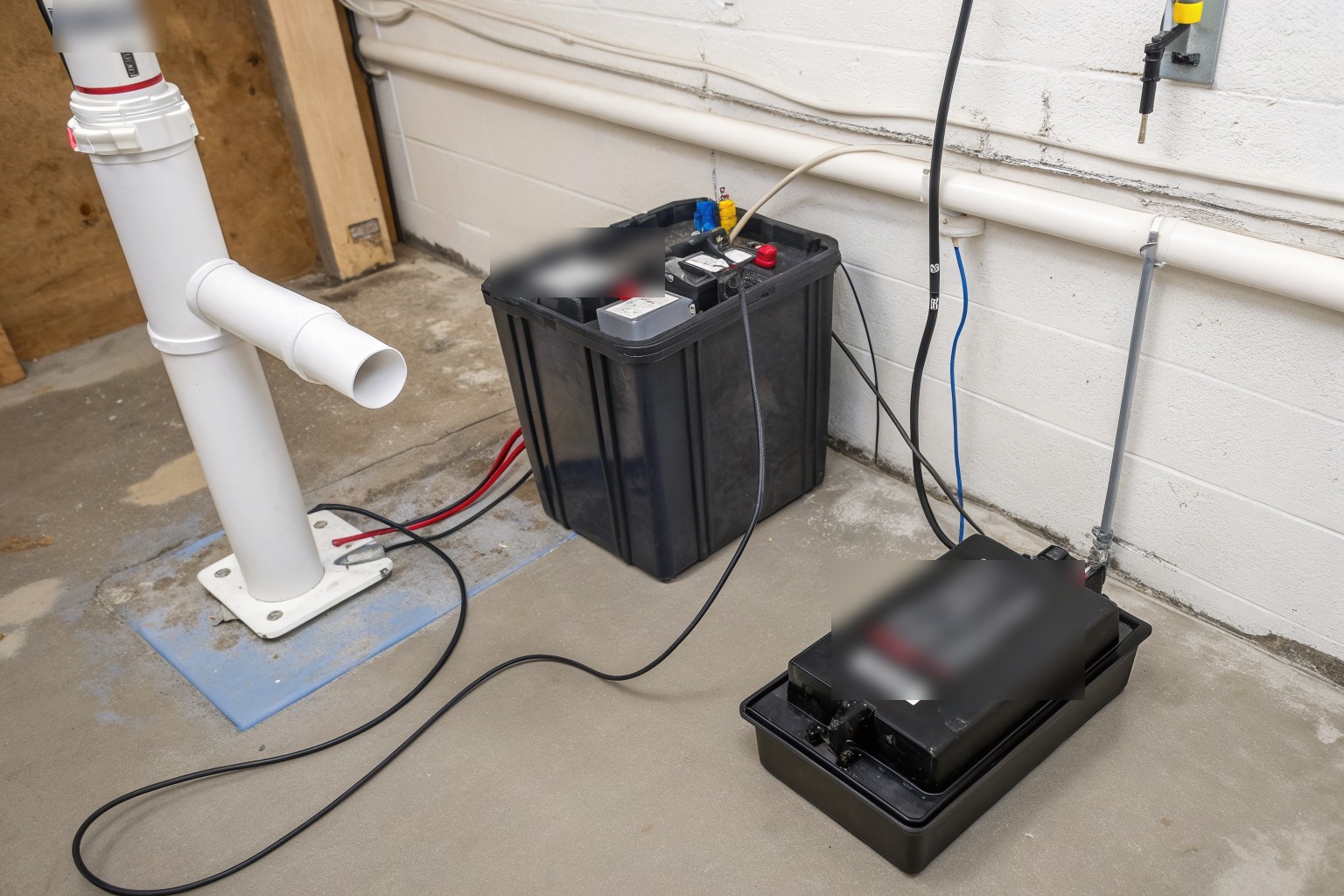 A sealed battery box and a backup pump unit beside a white discharge pipe on a basement floor