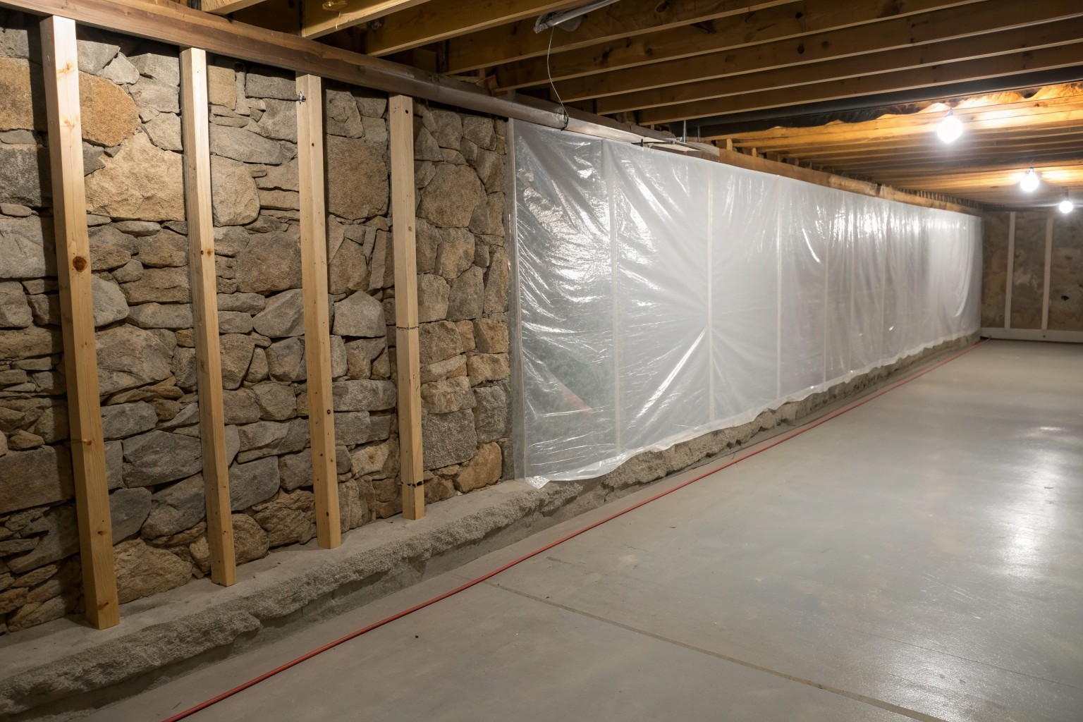 Clear plastic sheeting fastened behind wood studs along an old fieldstone basement wall