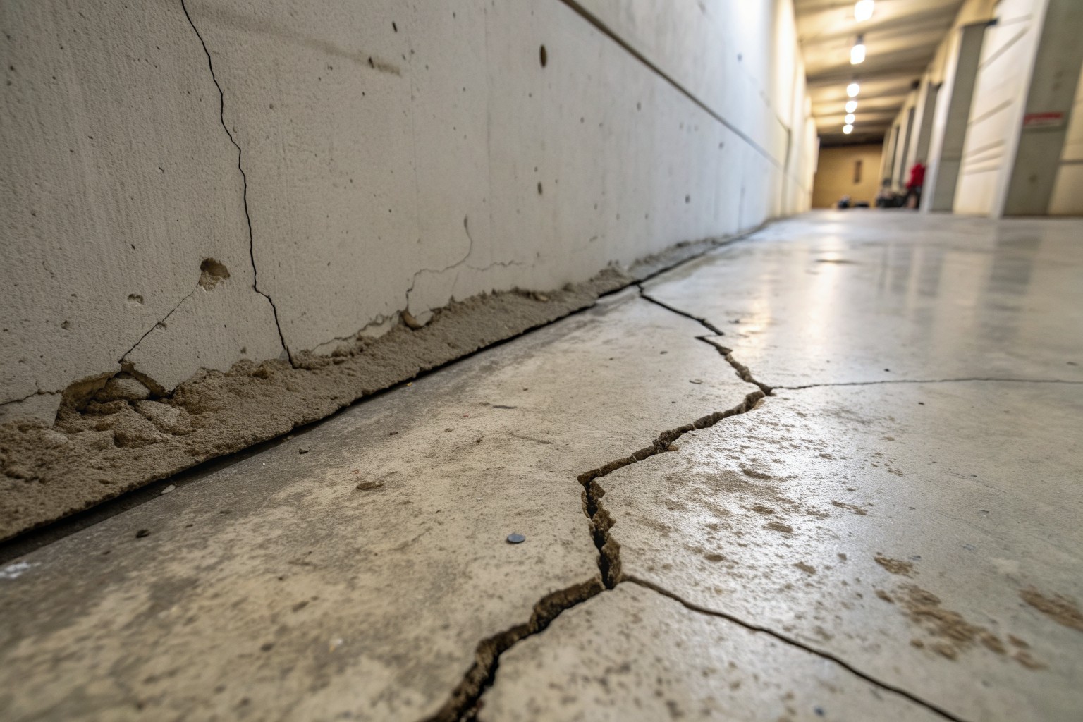 A long crack across a poured concrete basement wall continuing into the floor slab
