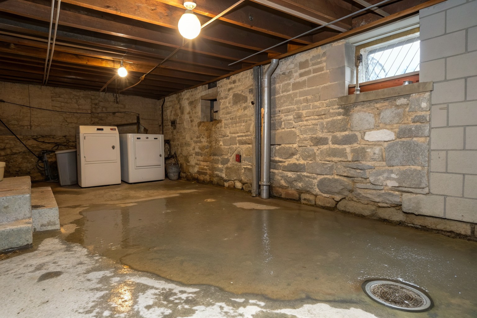 A puddle spreading across a painted basement floor from an old stone and block wall, with a washer and dryer behind