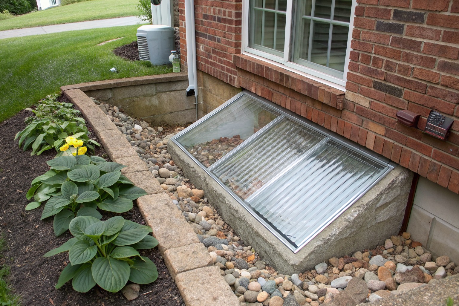 A clear plastic cover over a basement window well in a hosta bed beside a brick house